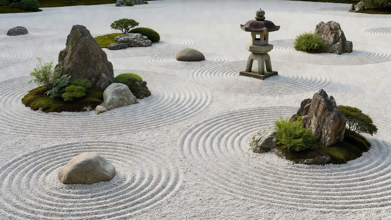 枯山水庭園の岩と砂利