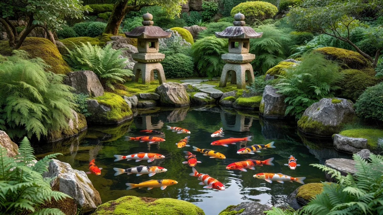 錦鯉が泳ぐ和風池泉庭園