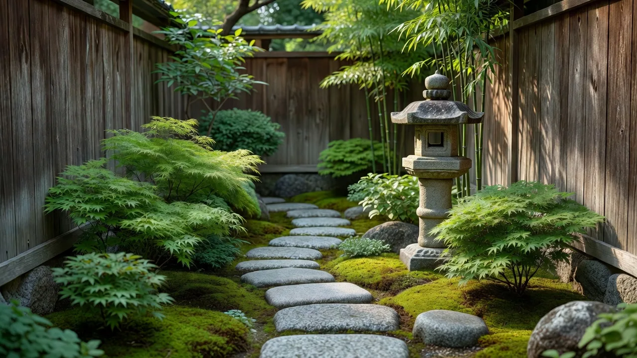 フェンスに囲まれた住宅の庭園。秋のメンテナンスを施した美しい植栽の様子