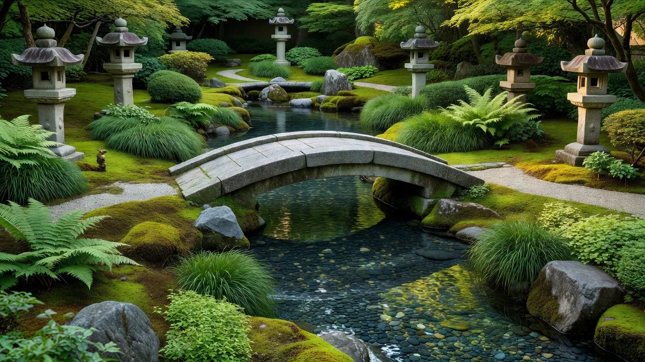 石橋と流れのある庭園