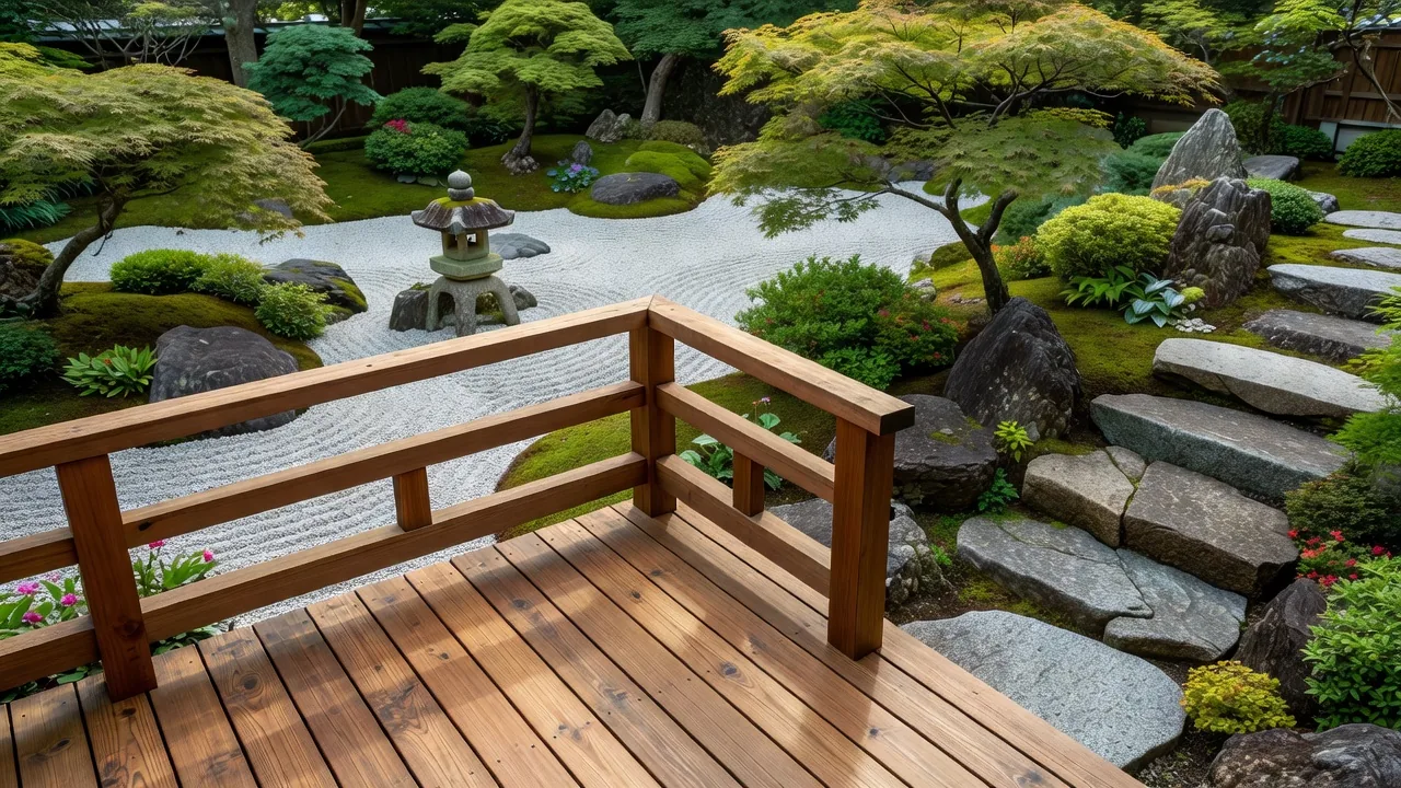 ウッドデッキと庭園の眺め
